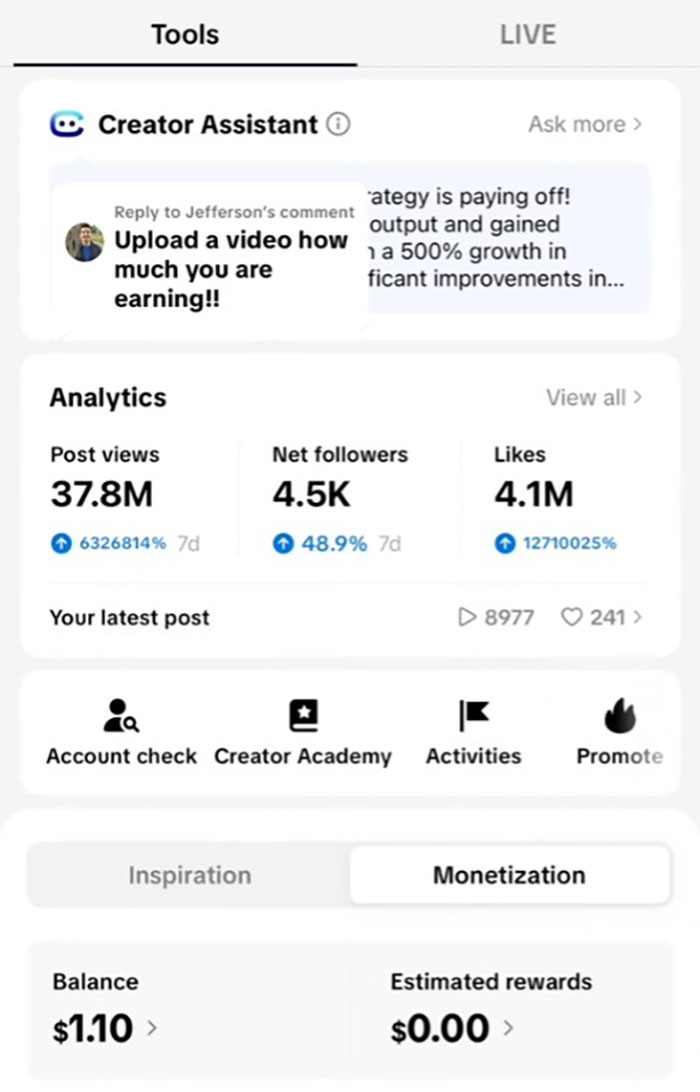 Creator Assistant dashboard showing analytics, earnings, and tools for the woman who recorded CEO cheating on Coldplay Kiss Cam viral incident.