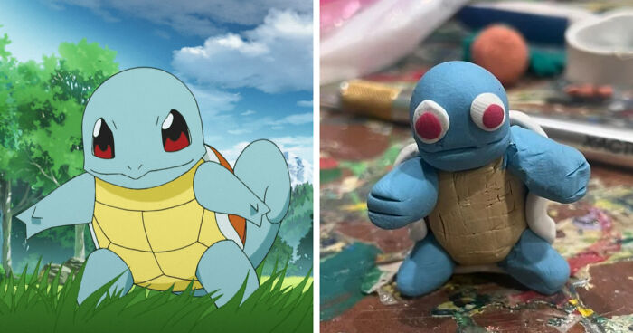 Side-by-side comparison of a Squirtle Pokémon and a poorly-made favorite Pokemons clay figure with exaggerated features.