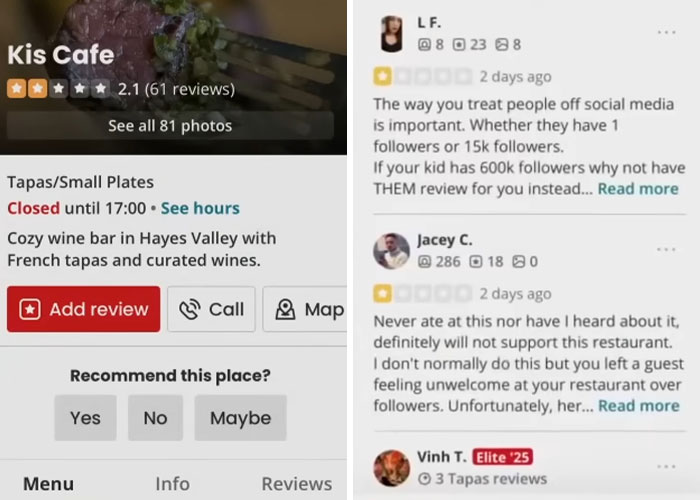 Yelp reviews showing low ratings and complaints about a chef and micro influencer follower count dispute.