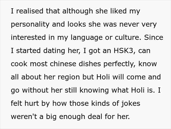 Text excerpt discussing personal growth and cultural differences after being demoted to friend by girlfriend in a relationship.