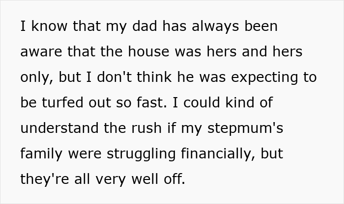 Text about a woman deciding to leave her partner homeless if she dies, causing emotional impact.