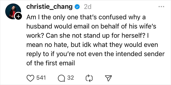 Tweet questioning why a husband emailed on behalf of his wife after a rejection email sparks experience and role concerns. Tweet questioning why a husband emailed on behalf of his wife after a rejection email sparks experience and role concerns.
