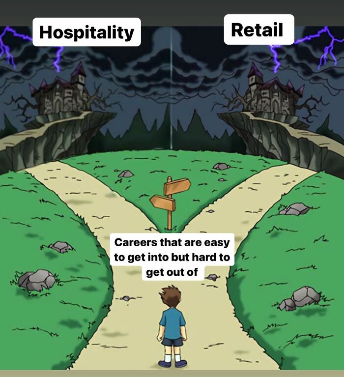 Cartoon showing a person choosing between hospitality and retail careers that are easy to enter but hard to leave, chef memes humor.