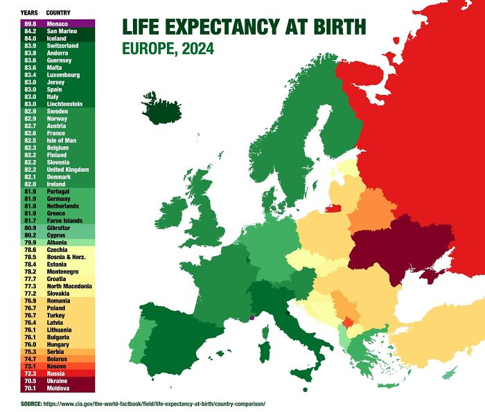 Life expectancy at birth map of Europe 2024 showing country data with color-coded regions for easy comparison.
