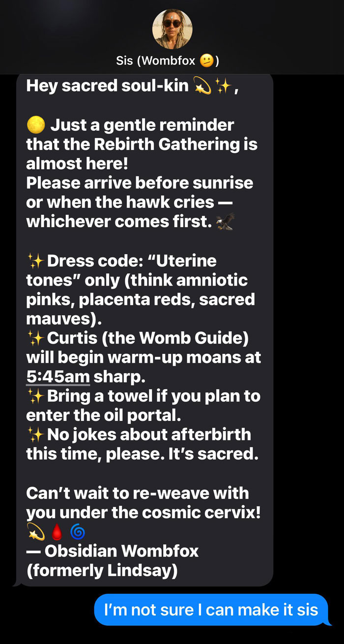 Text message from sister about the rebirth gathering with dress code and instructions before sunrise, brother unsure to attend.