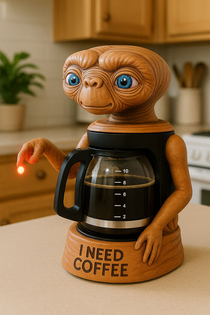 E.T. inspired coffee maker design with glowing finger and "I NEED COFFEE" text on a kitchen counter.