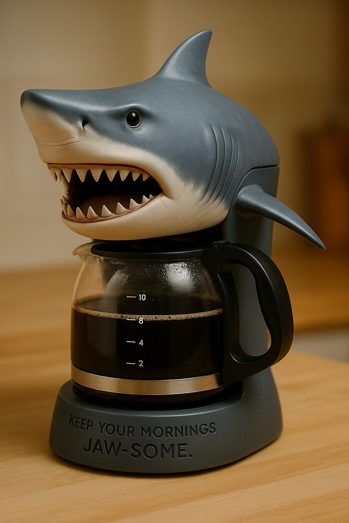 Shark-themed coffee maker design inspired by movies, blending Hollywood creativity with unique coffee brewing style.