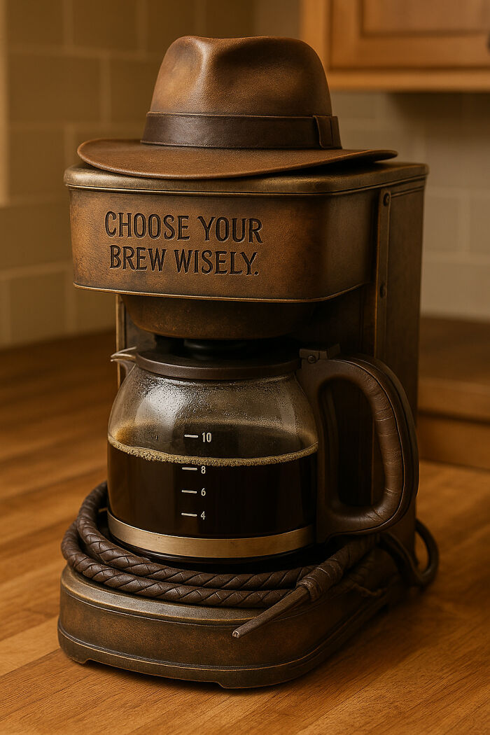 Movie-inspired coffee maker with vintage hat and whip design, blending Hollywood style with unique coffee maker creativity.