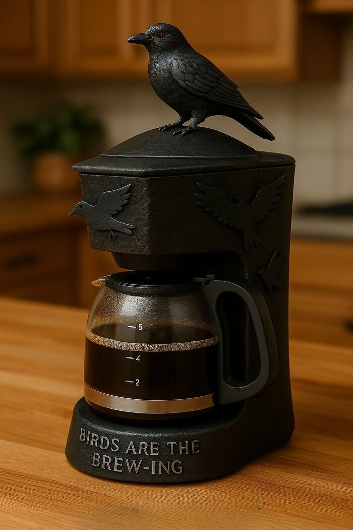 Black bird-themed coffee maker with a crow figure on top and coffee pot below, showcasing unique movie-inspired coffee maker design.