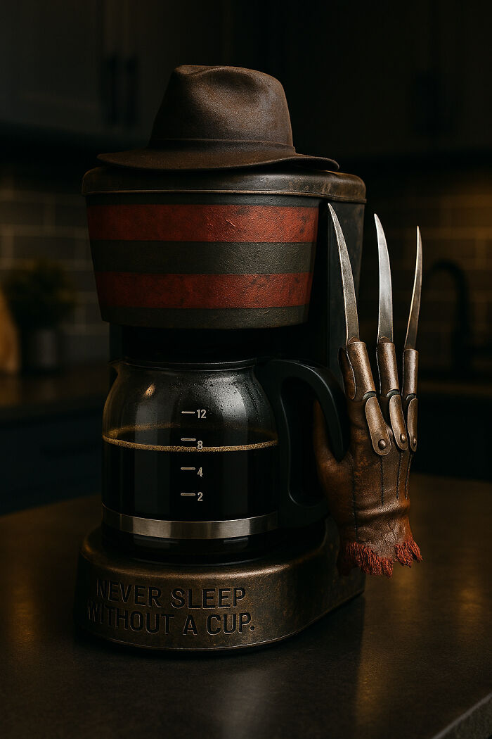 Coffee maker inspired by horror movies with clawed glove and fedora, a unique design from movies coffee makers collection.
