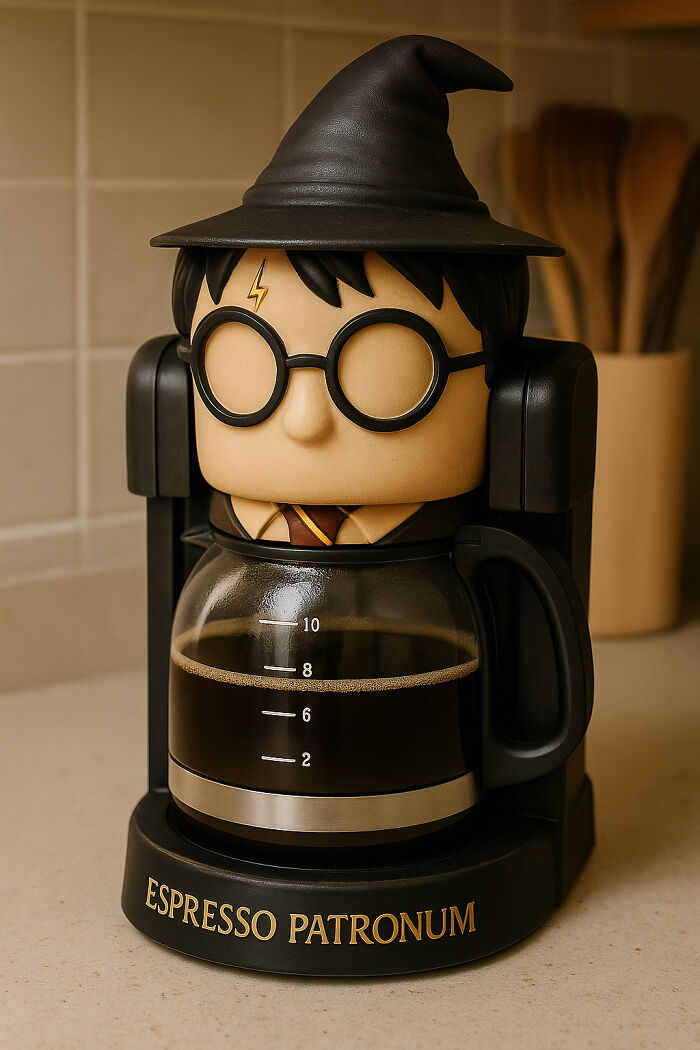 Harry Potter-themed coffee maker design with a potion hat and glasses brewing espresso, inspired by movies and Hollywood.