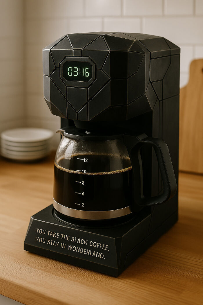 Black coffee maker with movie-inspired geometric design and quote, shown on a kitchen countertop, featuring digital timer display.