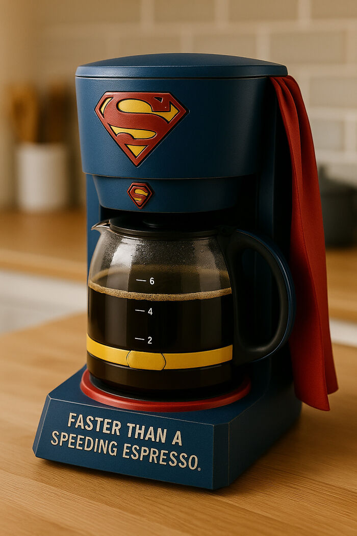 Superman-themed coffee maker with cape and glass pot, a unique movies coffee makers design inspired by Hollywood.