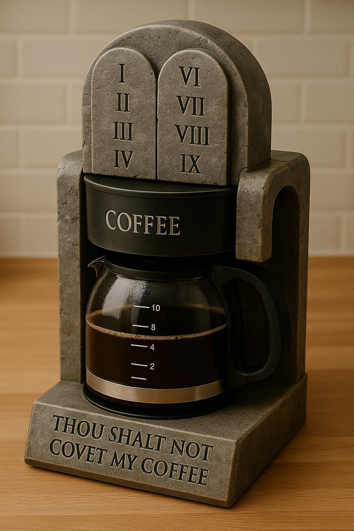 Coffee maker designed like stone tablets with Roman numerals and the phrase Thou Shalt Not Covet My Coffee, inspired by movies.