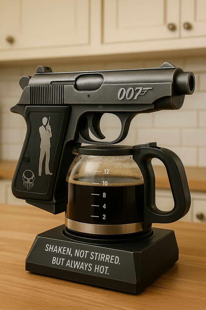 James Bond themed coffee maker shaped like a pistol with a pot of coffee on a wooden kitchen counter, movie-inspired design.