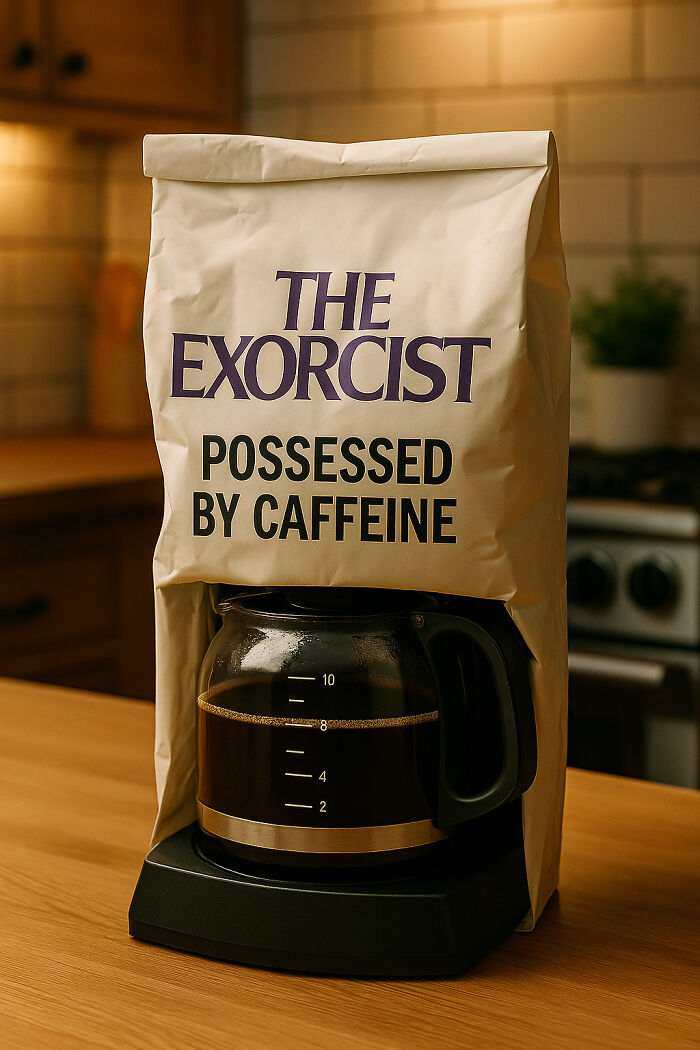 Coffee maker with a movie-inspired design featuring The Exorcist theme and the phrase possessed by caffeine.