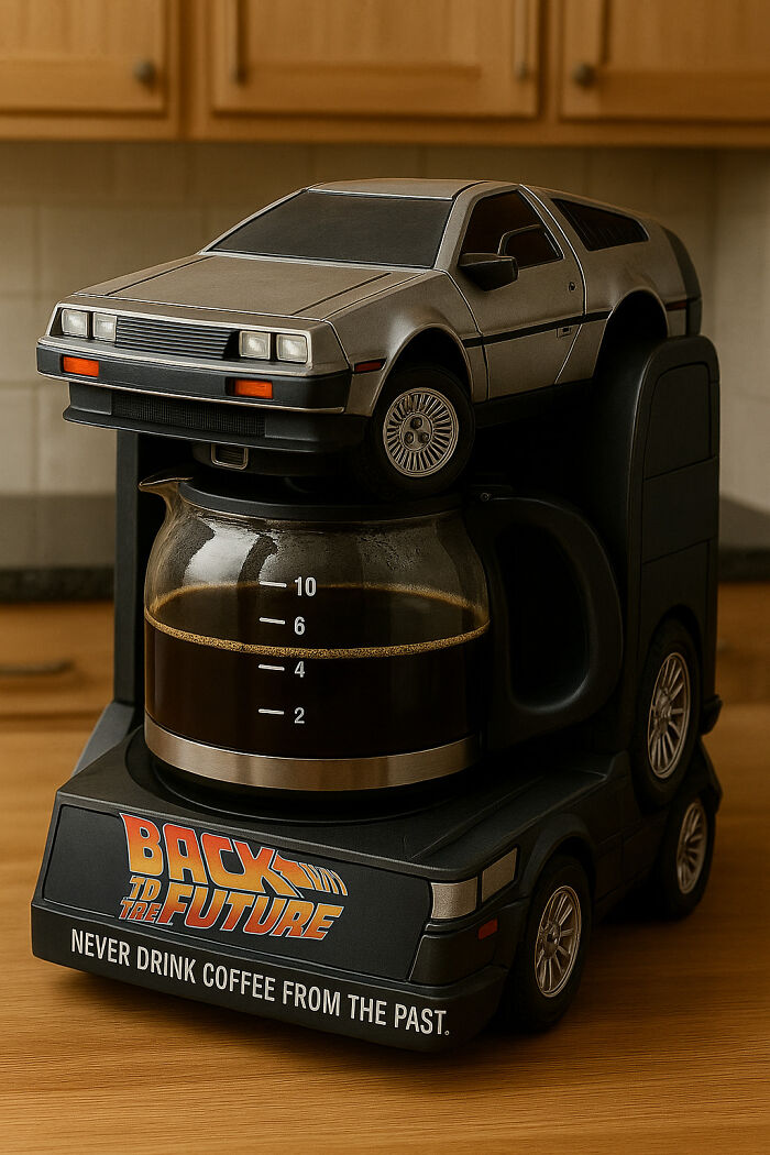 Back to the Future themed coffee maker shaped like a car brewing coffee in a kitchen setting.