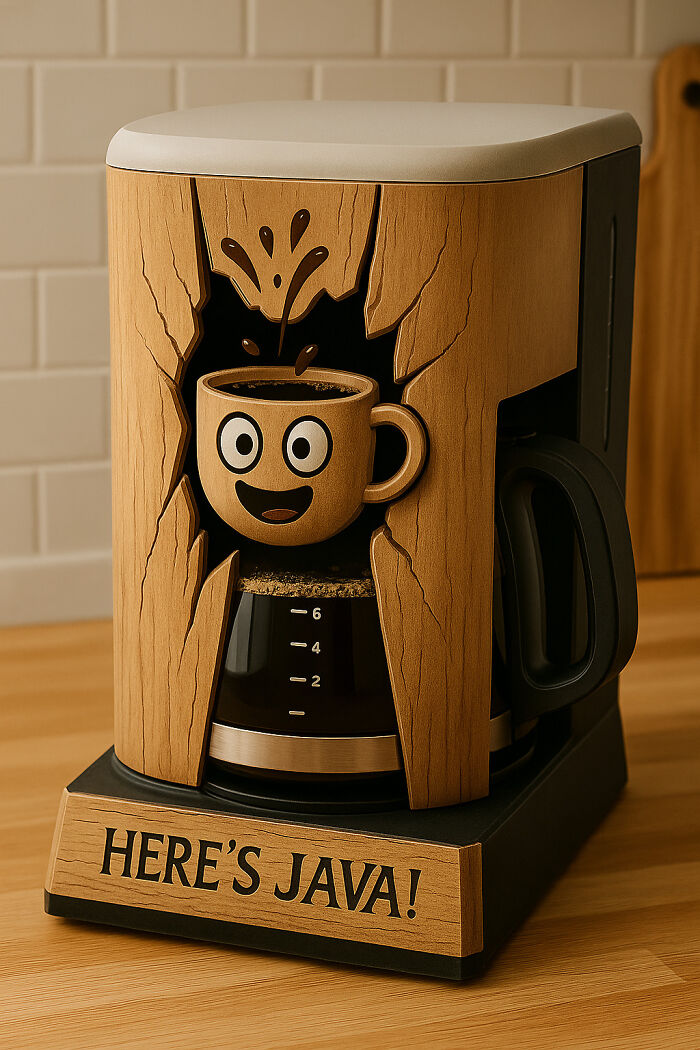 Coffee maker with a playful design featuring a smiling cup bursting through wood, inspired by movie-themed coffee makers.