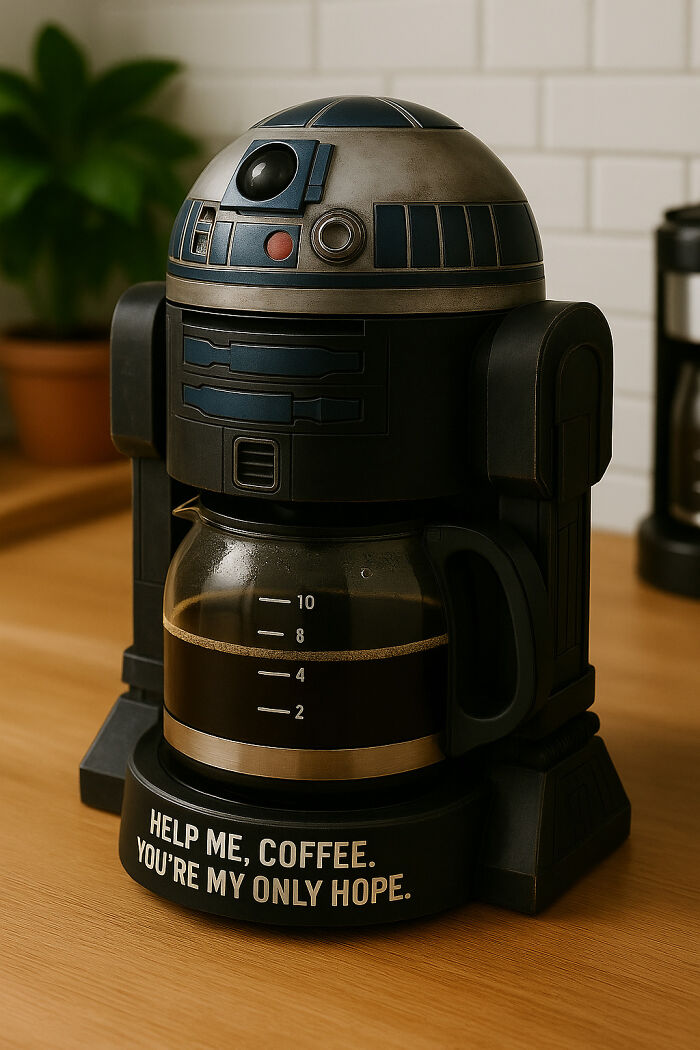 R2-D2 inspired coffee maker brewing coffee with a quote on base, featured in movies coffee makers designs from Hollywood collection.