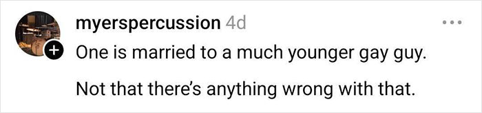 Social media post text discussing marriage to a younger gay partner, emphasizing acceptance without judgment. Social media post text discussing marriage to a younger gay partner, emphasizing acceptance without judgment.