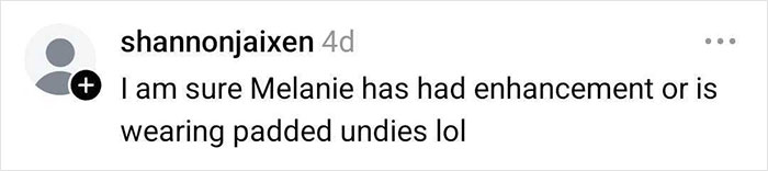 Comment about Melania Trump’s curves and speculation on enhancement or padded undergarments in a social media post. Comment about Melania Trump’s curves and speculation on enhancement or padded undergarments in a social media post.