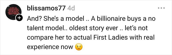 Instagram comment from user blissamos77 debating Melania Trump's modeling career and comparing her to other First Ladies. Instagram comment from user blissamos77 debating Melania Trump's modeling career and comparing her to other First Ladies.