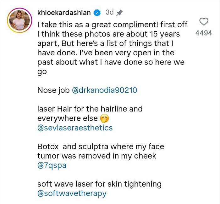 Text post by Khloe Kardashian listing cosmetic procedures including nose job, laser hair removal, botox, and skin tightening treatments.