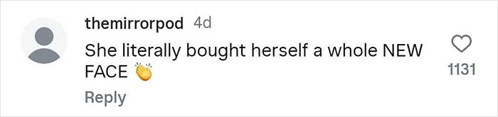 Comment on social media post mentioning cosmetic procedures, highlighting a remark about buying a whole new face.