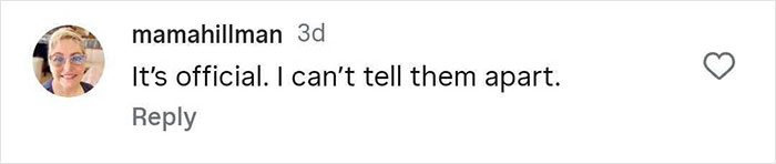 Comment on Instagram post by user mamahillman stating she can't tell them apart, with profile photo of a woman wearing glasses.