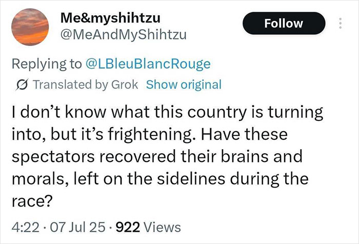 Tweet expressing concern over Tour De France fans standing on graves for a better view, sparking public outrage and moral debate.