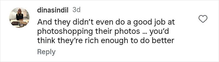 User comment criticizing Lauren Sanchez and Jeff Bezos' photoshopped wedding pictures for poor editing quality on social media platform.