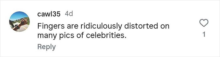 Comment noting distorted fingers in celebrity photos related to Lauren Sanchez and Jeff Bezos photoshopped wedding pictures.