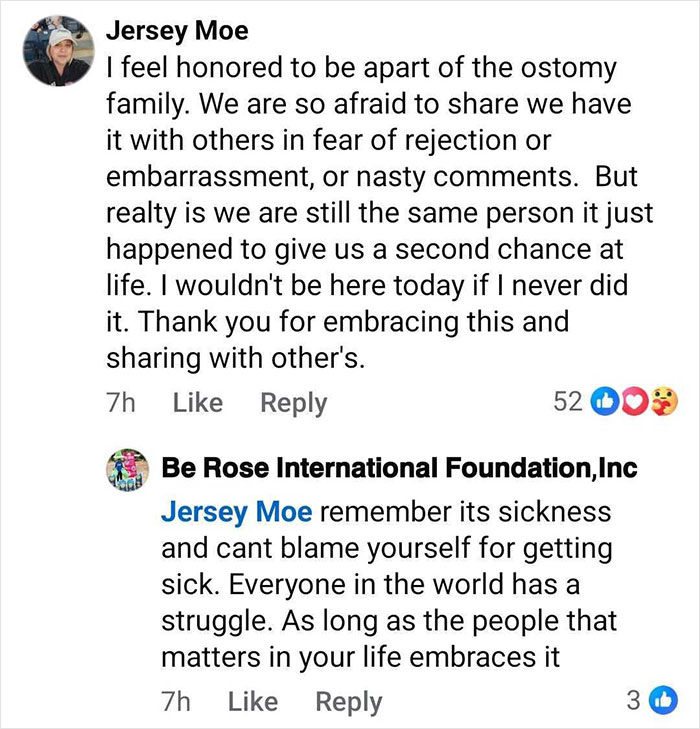 Facebook comments discussing the experience of living with an ostomy bag and overcoming shame through support.