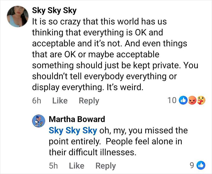 Facebook comments discussing privacy and emotional struggles faced by a woman with an ostomy bag during illness.