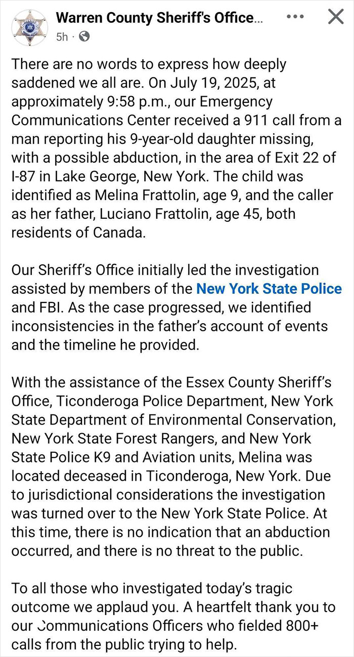 Warren County Sheriff's Office post detailing police findings of inconsistencies in dad’s report of missing 9-year-old girl. - 8