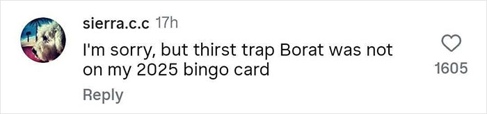 Comment on social media from user sierra.c.c expressing surprise about Sacha Baron Cohen's ripped transformation as Borat not expected.