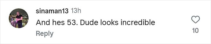 Comment on social media praising Sacha Baron Cohen's ripped transformation at age 53, astounding fans.