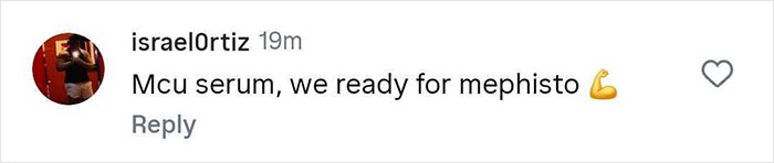 Screenshot of a social media comment mentioning readiness for Mephisto in the MCU with a flexed bicep emoji.