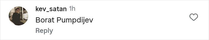 Instagram comment from user kev_satan reading Borat Pumpdijev, discussing Sacha Baron Cohen's ripped transformation.