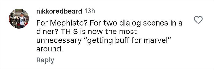 Comment on Instagram discussing Sacha Baron Cohen's ripped transformation for a Marvel role.