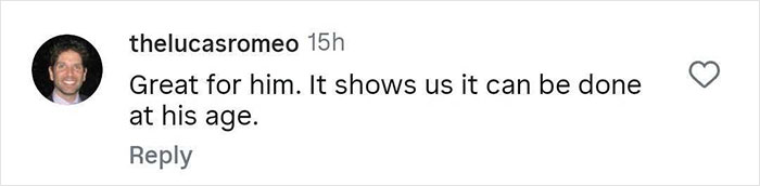 Comment from user thelucasromeo praising Sacha Baron Cohen's ripped transformation, highlighting age as no barrier.