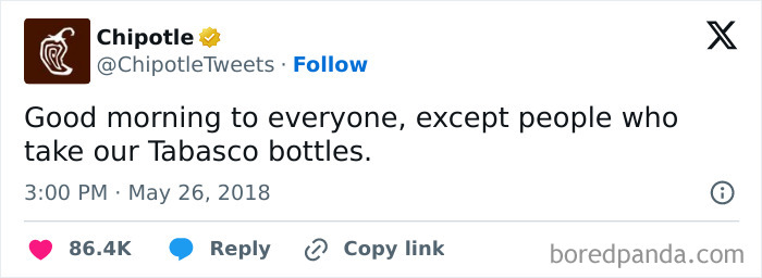 Chipotle's official social media post humorously addressing Tabasco bottle takers, featured in funny social media accounts.