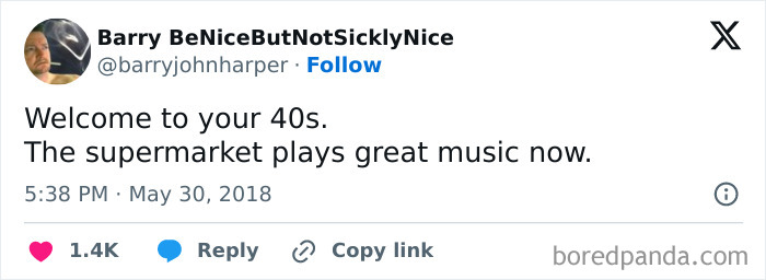 Screenshot of a humorous social media post about life after 40, highlighting the chaos and changes in everyday experiences.