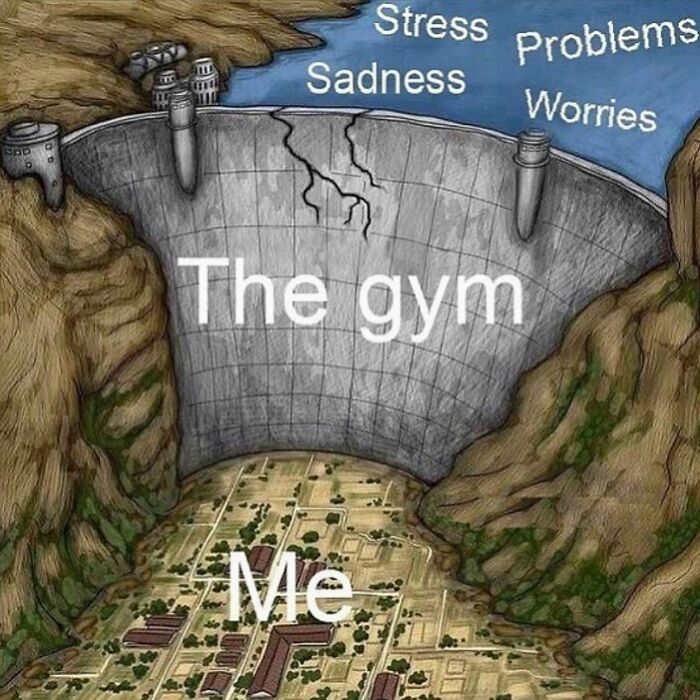 A comic dam labeled The gym holding back stress, sadness, problems, and worries from flooding a town labeled Me, gym memes.