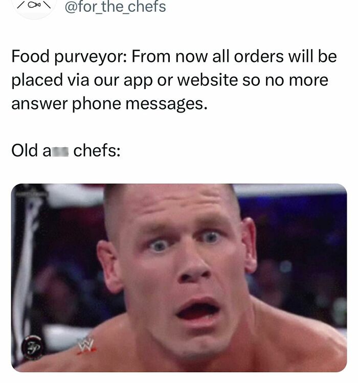 Meme showing shocked chef reaction to new food purveyor app orders, highlighting relatable chef humor well-done cooking memes.