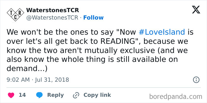 Twitter post from WaterstonesTCR humorously linking Love Island and reading, showcasing funny official social media content.