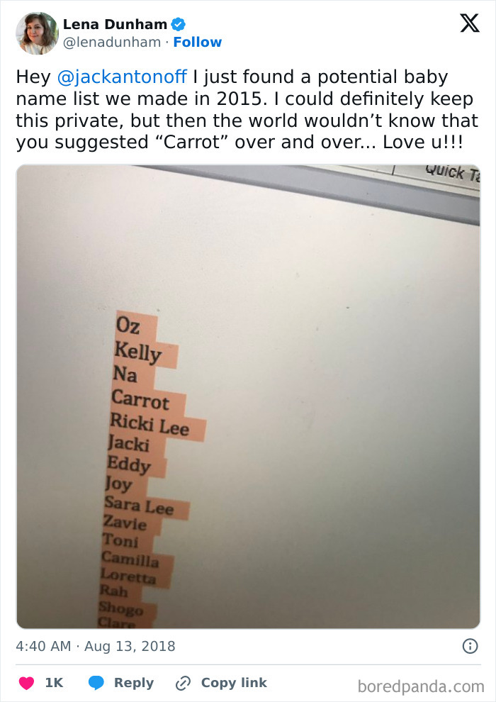 Screenshot of a tweet showing a baby name list with the name Carrot highlighted, related to wild things celebrities do after breakups. - 27