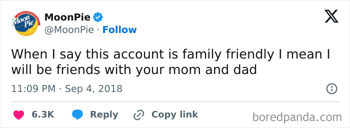 MoonPie official social media post humorously describing the account as family friendly and relatable to parents.