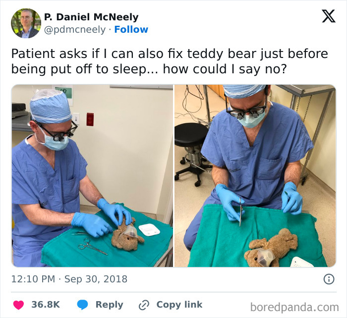 Doctor in scrubs and gloves performing a humorous medical procedure on a teddy bear, highlighting medical memes humor.