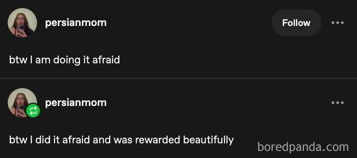 Text post conversation on a dark background sharing a message of positivity and overcoming fear to inspire readers.